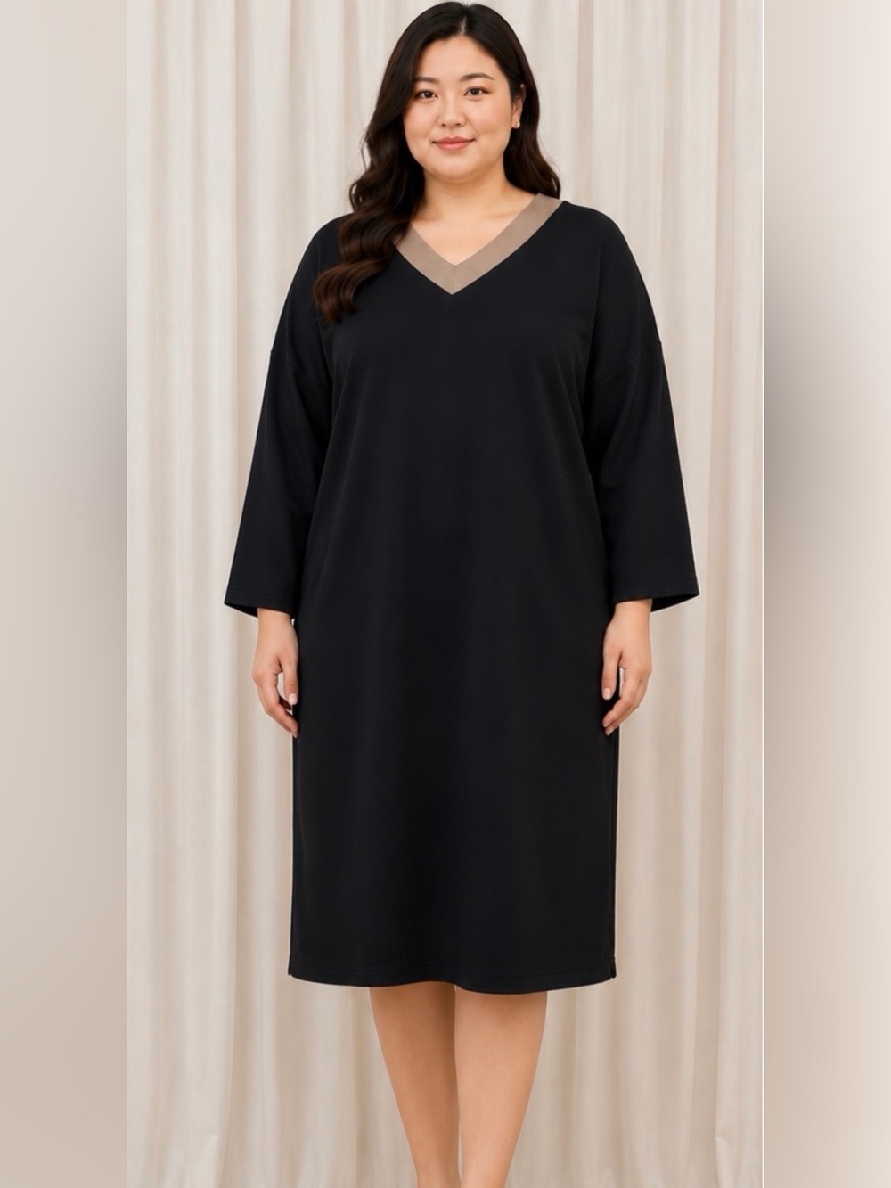 GreenTea NEW Plus-size Black V-Neck Drop Shoulder Fleece Dress w/ Taupe Trim
